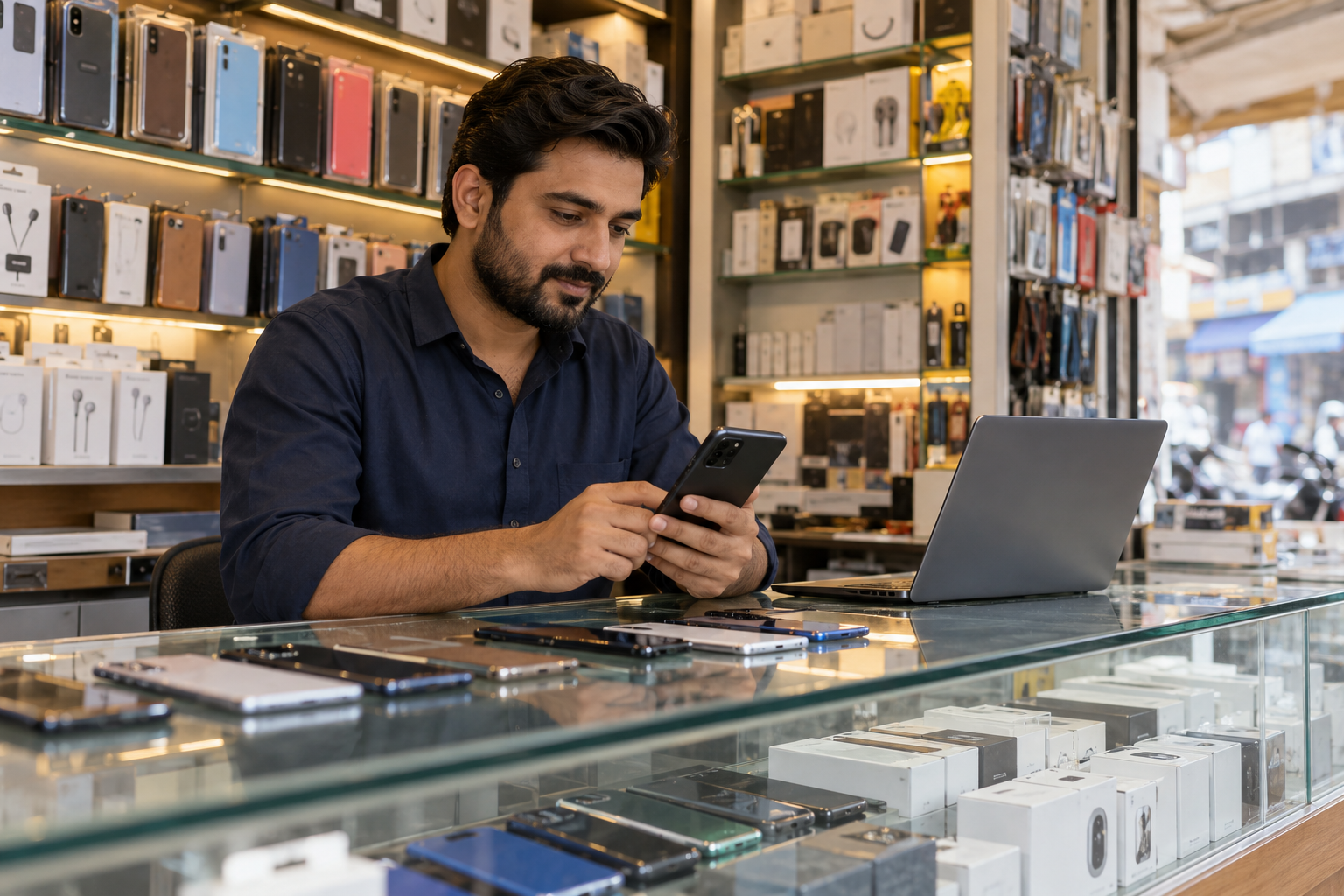 Illustrative Pakistani mobile shop owner at a phone and accessories counter